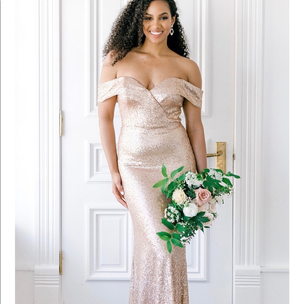 Revelry Matte Rose Gold Bardot Sequin Dress